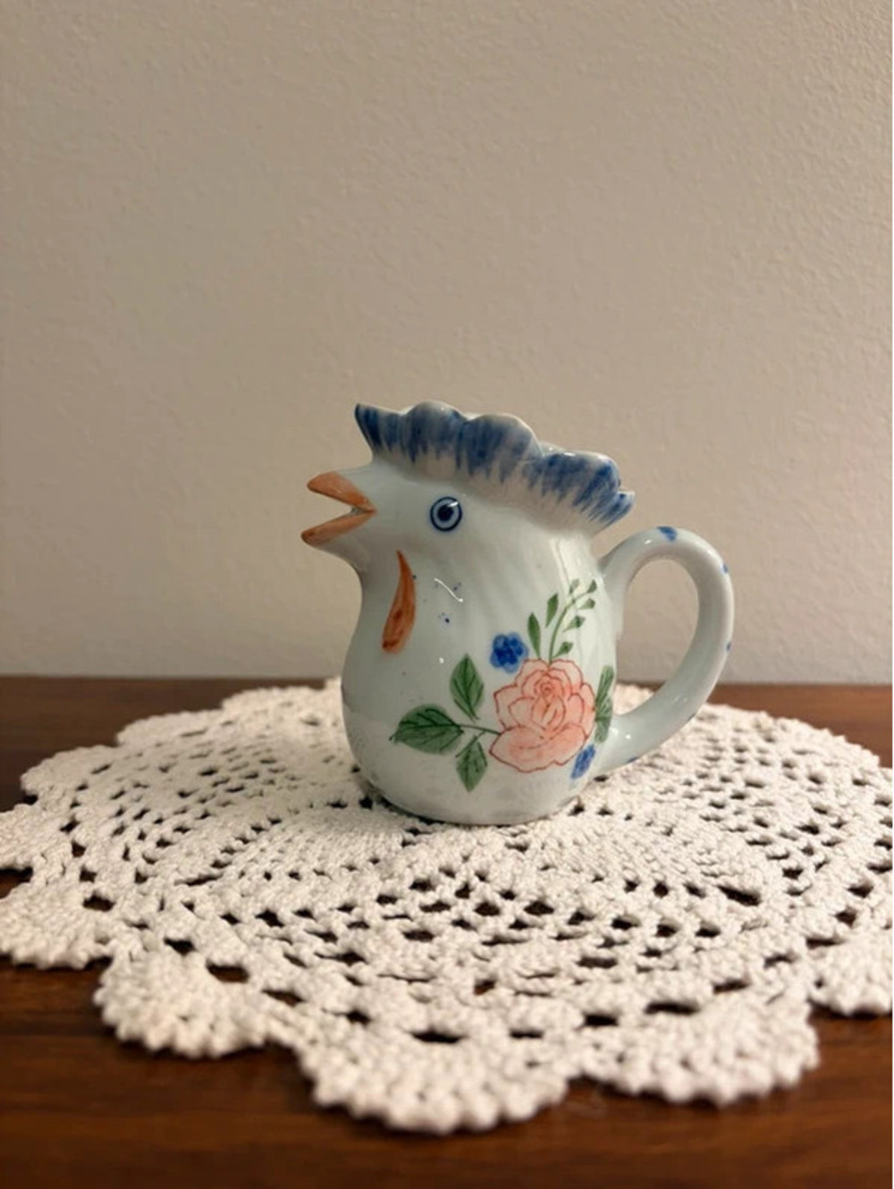 Small Rooster Creamer Pitcher with Pink Floral Design, 3.5”